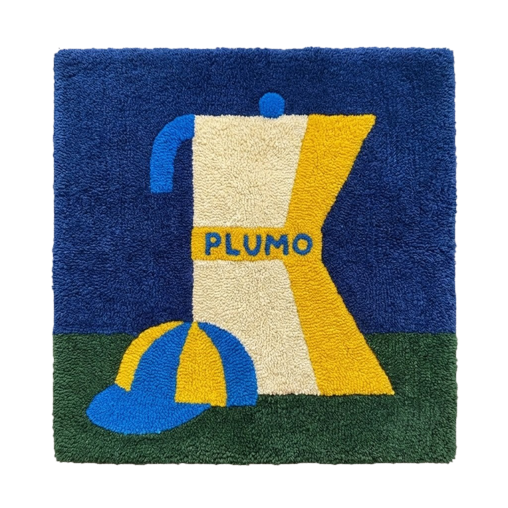 Plumo, hand-tufted moka pot and cycling cap textile, 2025.