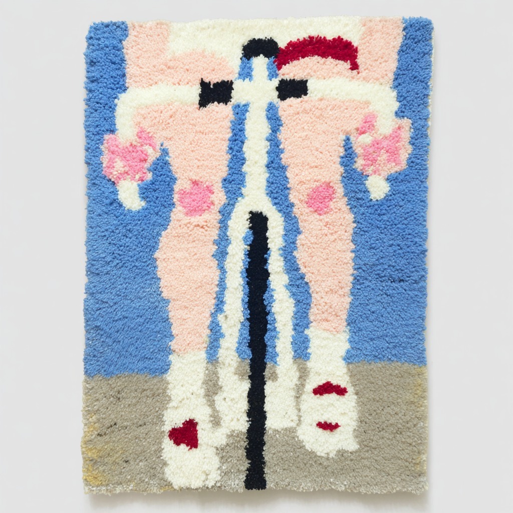 Rider, hand-tufted textile cyclist portrait, 2025.