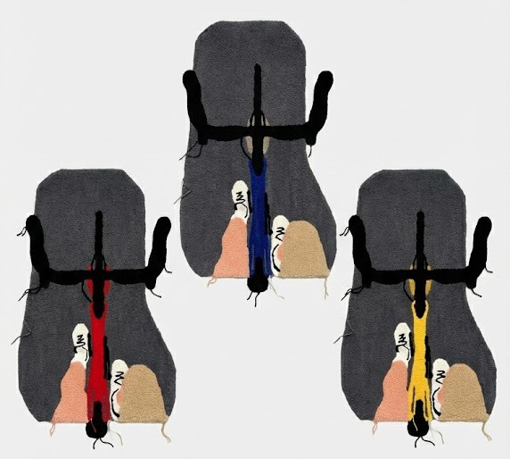 Three Riders, hand-tufted textile, 2025. Three cyclists seen from above on dark grey ground.